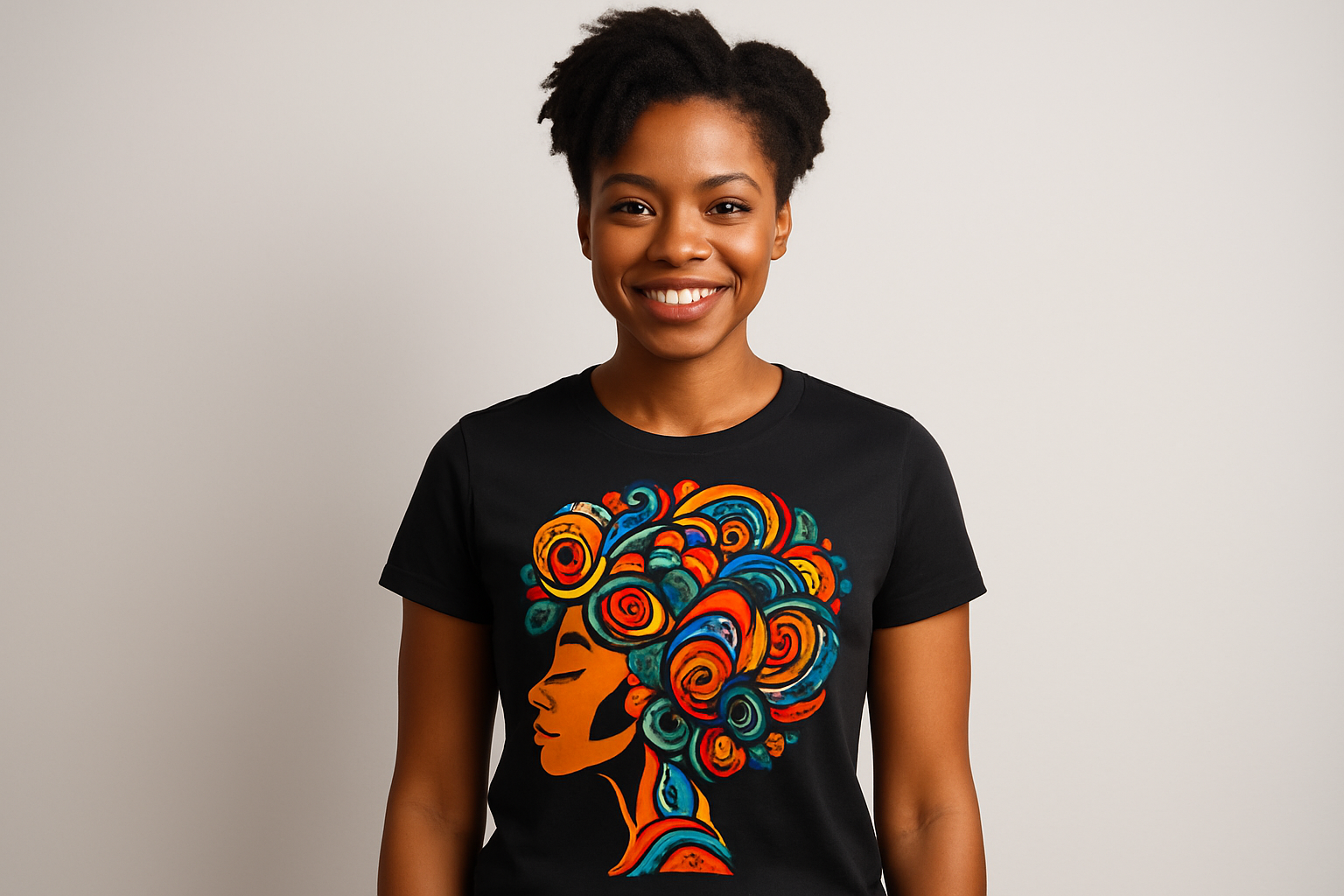 Black lady wearing a designed T-shirt 